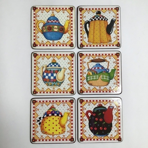Mary Engelbreit Teapot Coasters Cork Back 4” Square Box SET OF 6 Vintage Cottage - Picture 1 of 16